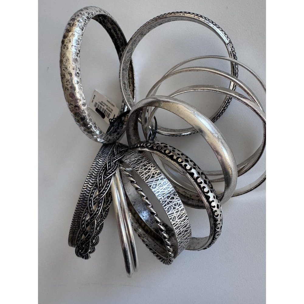 Bangle Set With Hammered, Arrow, Floral, Exaggerated Hexagram Design Silver - Picture 3 of 5